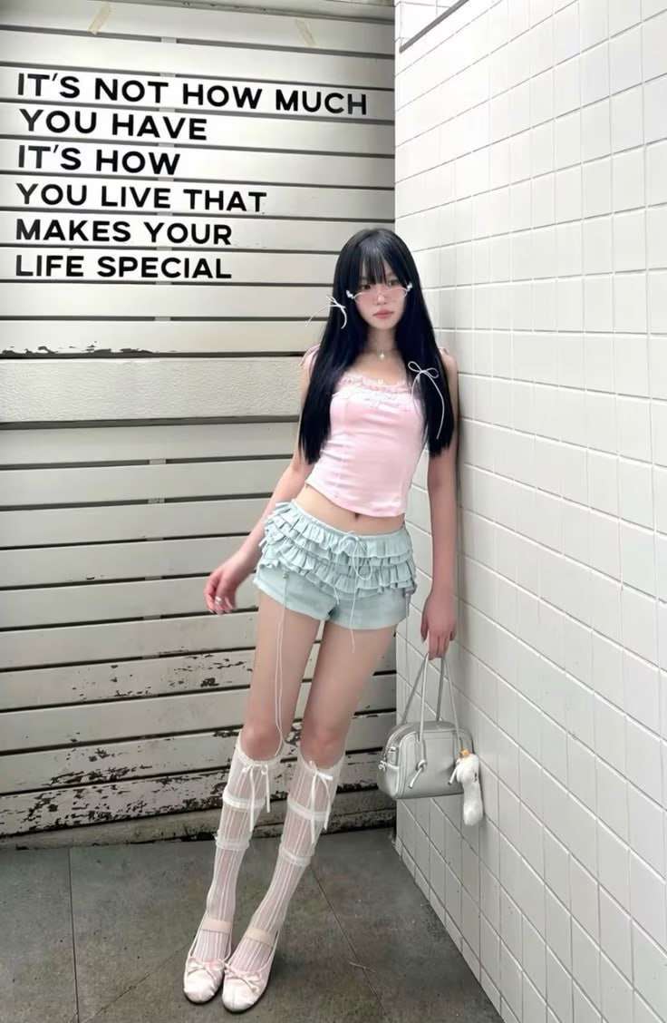 ลุคพาสเทลสีชมพูฟ้าพร้อมแว่นและเครื่องประดับ